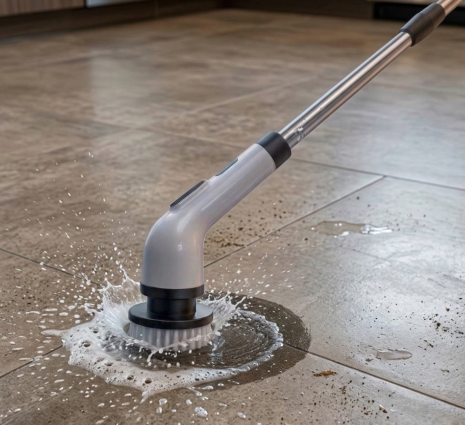 SpinScrub Pro electric scrubber cleaning tile grout in action